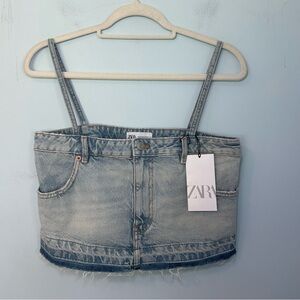 NWT Zara Blue Wash Denim Jean Cropped Pant Top Spaghetti Strap Size Small